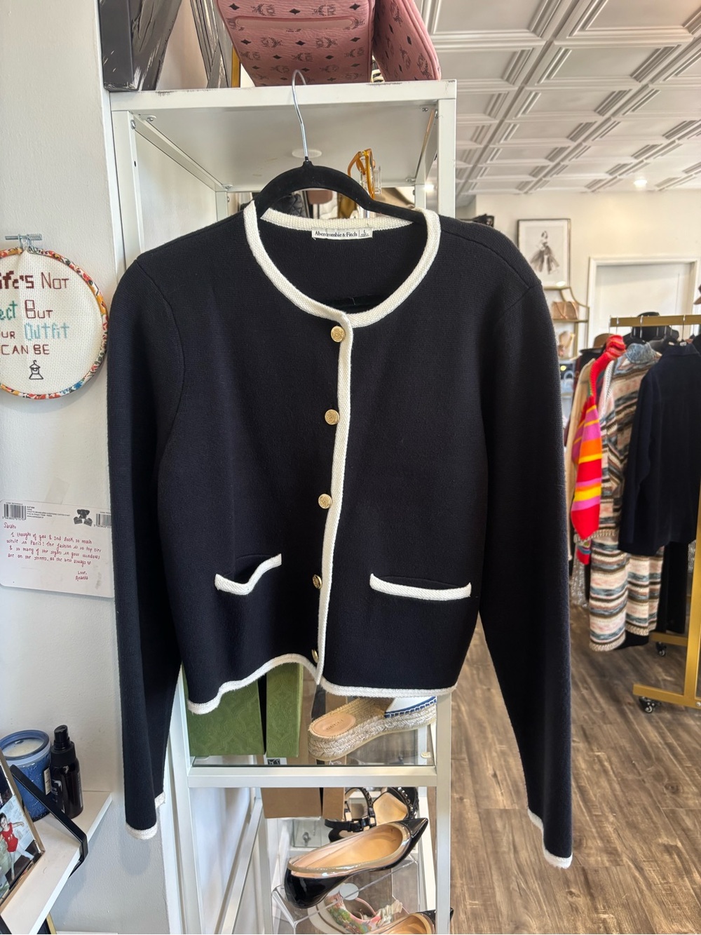 Abercrombie & Fitch Black Cardigan with White Trim and Gold Buttons
